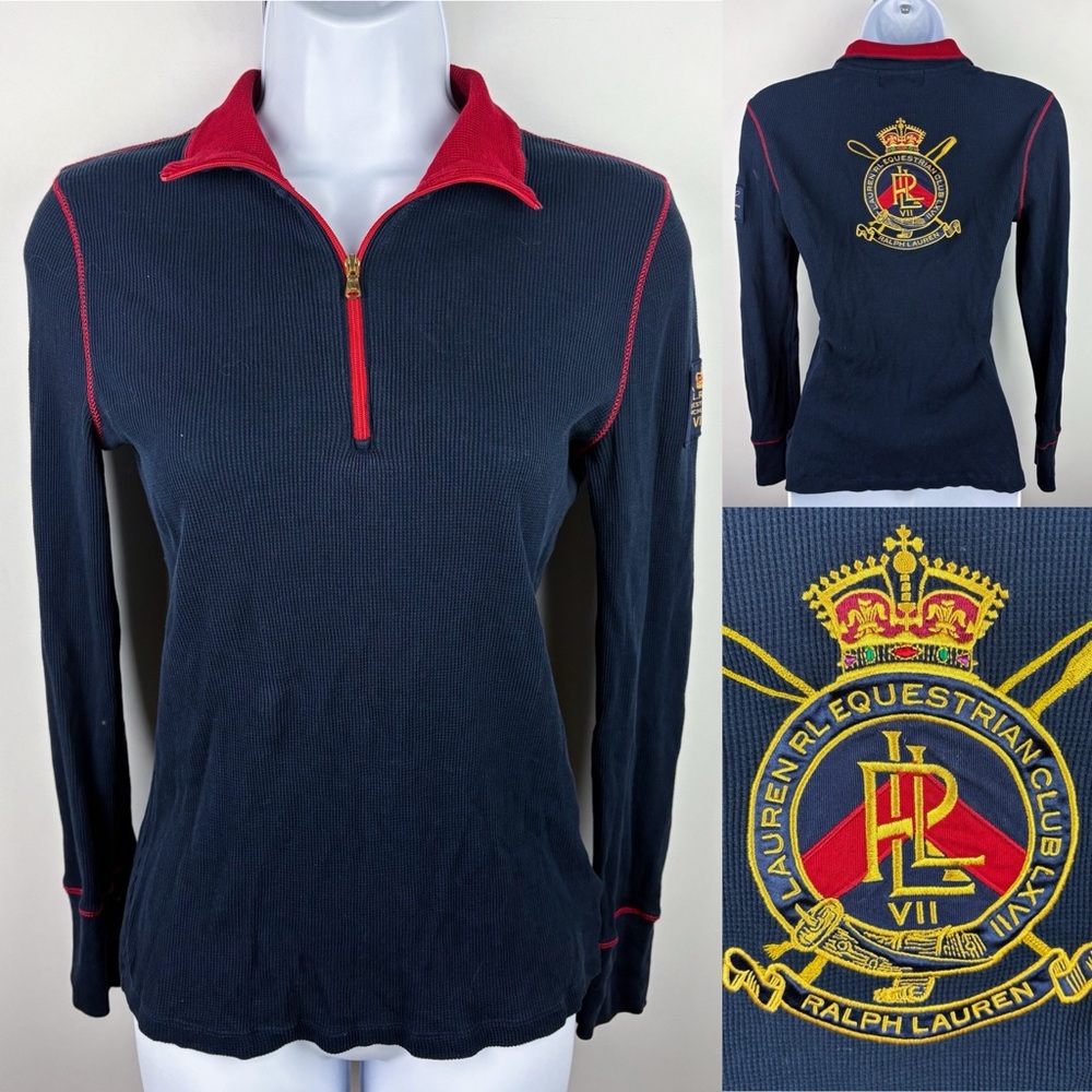 Ralph Lauren Equestrian Club Crest 100% Cotton 1/4 Zip Waffle Knit Sweater Small